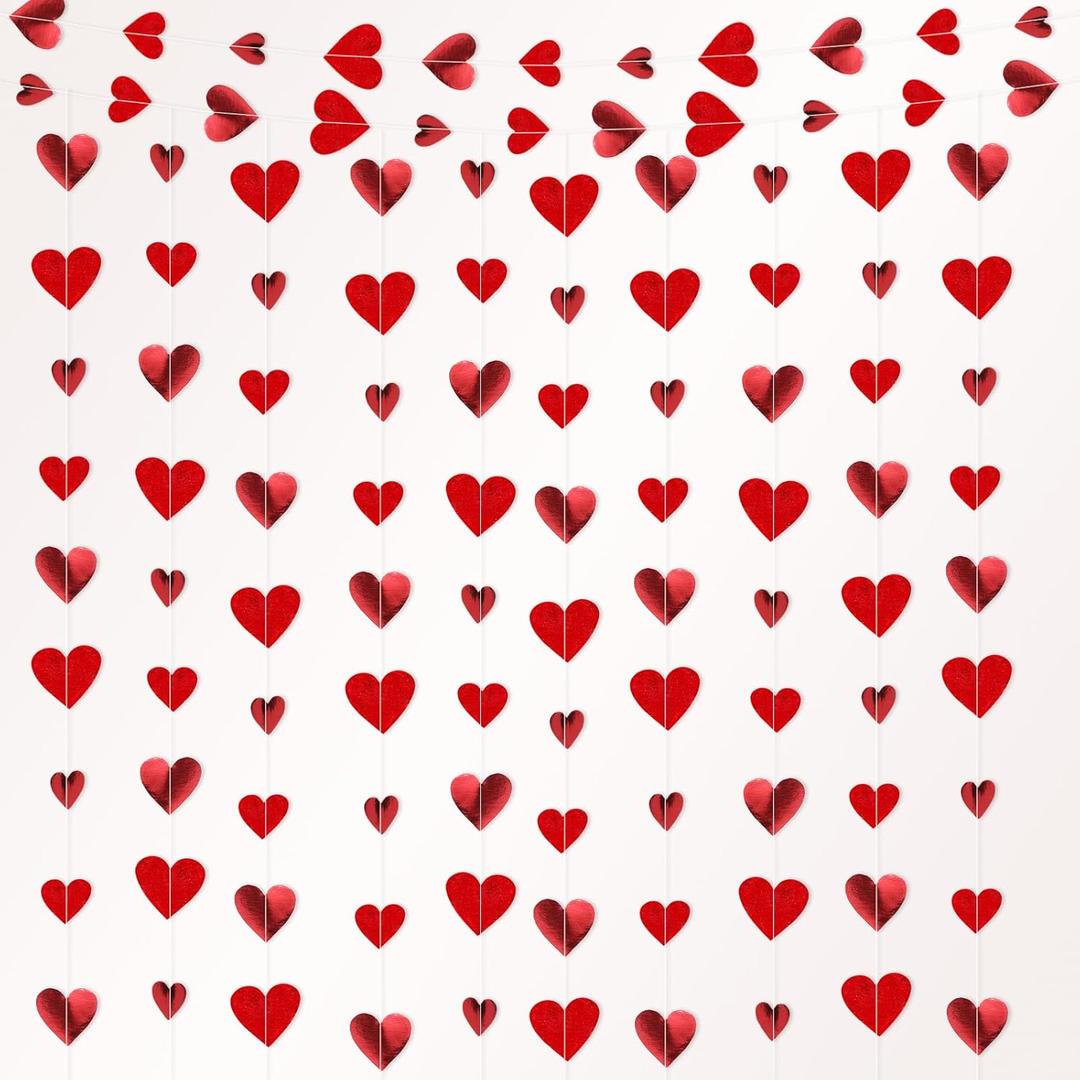 Fuyoooo 10 Pack 130ft Glitter Red Holographic Heart Party Garland Asymmetrical Love Hanging Banners for Birthday Wedding Decorations Mothers Day Bachelorette Bridal Shower Engagement