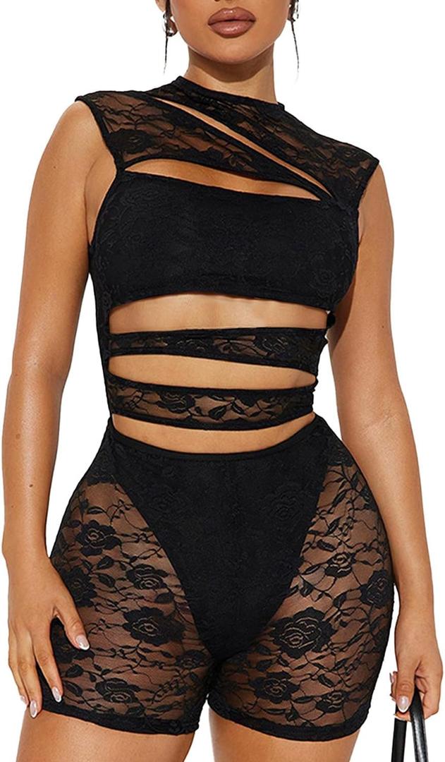 Lace Rompers for Women Sleeveless Short Jumpsuits Hollow Out Mesh See Through Bodysuit Halloween Costumes 2025 (Large, Black)