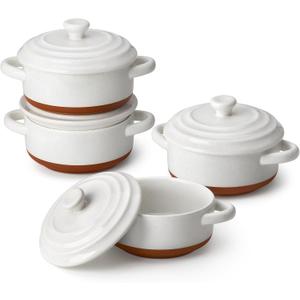 MALACASA Mini Cocotte Set - 12 OZ Small Casserole Dishes for Oven, Ramekins with Lids and Handles, Ceramic Mini Dutch Oven Set of 4, Microwave & Dishwasher Safe, Khaki White, Series TARA