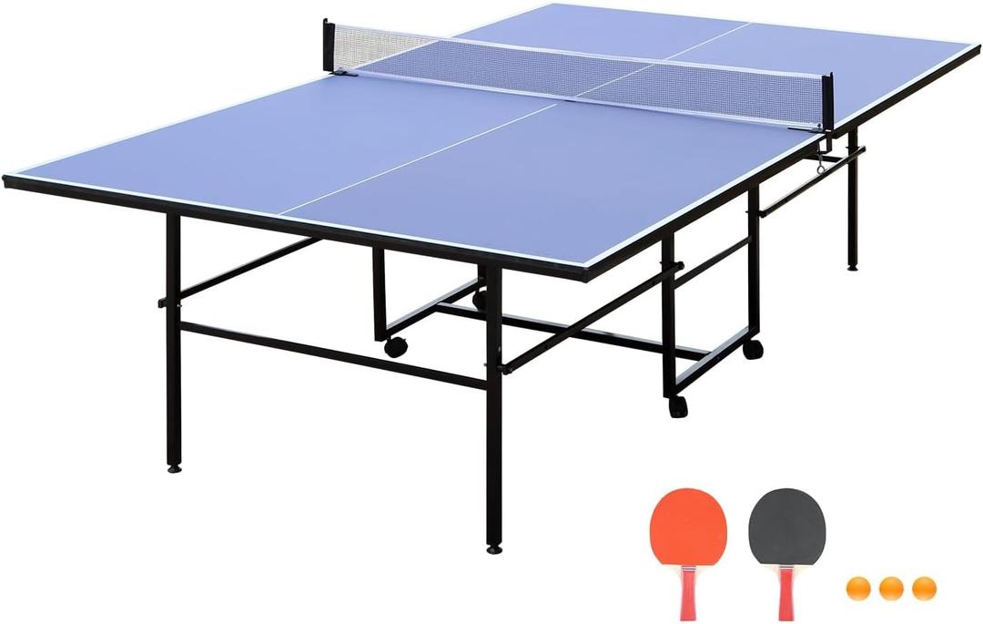 Tennis Tables, Professional Outdoor Table Tennis Tables9Ft Full Size Folding Rolling Ping Pong Table with Net and 4 Wheels, Single Player Playback Mode, Outdoor and Indoor Use (Blue)