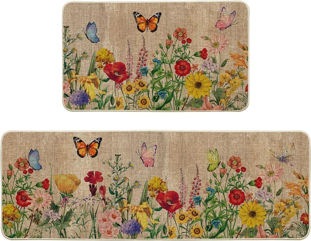 Artoid Mode Wood Flowers Butterfly Spring Kitchen Mats Set of 2, Seasonal Home Decor Leaves Low-Profile Kitchen Rugs for Floor - 17x29 and 17x47 Inch