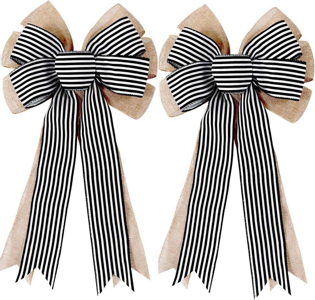 2 Pack Black White Stripe Burlap Fall Bows for Wreaths Decorations,Rustic Farmhouse Crafts Bow Wrapping Tree Topper Wedding Holiday Birthday Party Wall Home Front Door