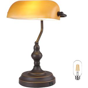 Banker Desk Lamp Touch Control, Vintage Banker's Desk Lamp with USB-A Port, 3 Way Dimmable Desk Lamps, Farmhouse Library Lamp Oil Rubbed Bronze for Office, Study Room
