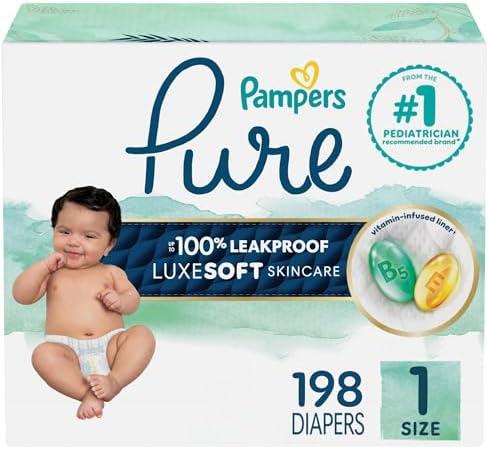 Pampers Pure Protection Baby Diapers, Size 1 (8-14 lbs), 198 Count, Up to 100% Leakproof, Premium Plant-Based Skin Protection, Hypoallergenic Soft Diapers