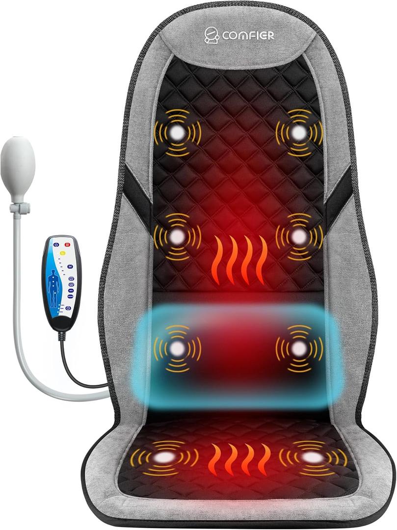 COMFIER Back Massager with Heat, Massage Seat Cushion for Chair with 10 Vibration Motors, Adjustable Lumbar Support,Chair Massager for Office,Recliner,Gifts for Men,Women (Grey Black)