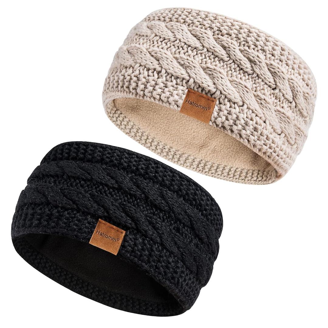 Winter Headbands for Women Wool 2 Pack, Ear Warmers for Women Headband Knit Thick Fleece Lined, Cold Weather Warm Ear Muffs(Black+Beige)