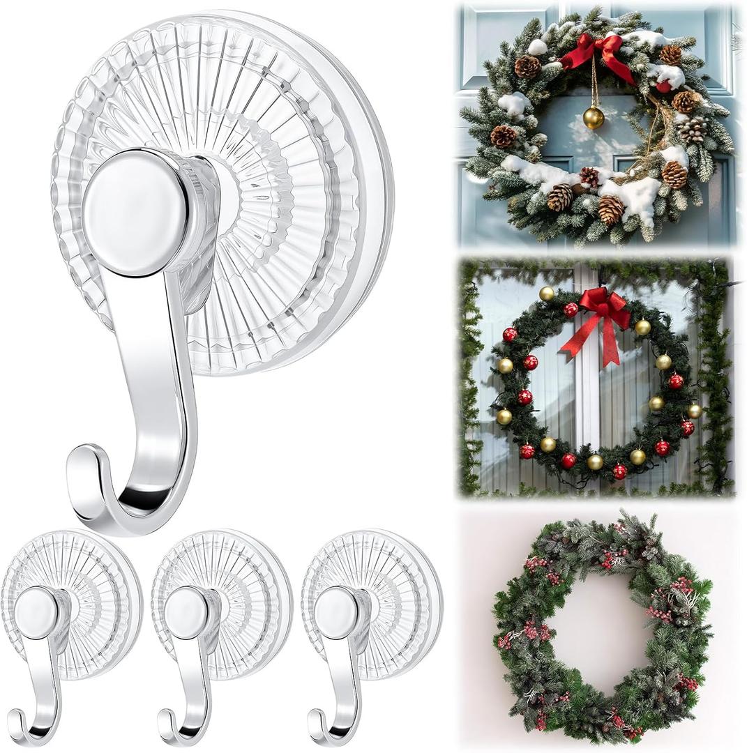 AceOrbit 4 Pack Suction Cup Wreath Hangers for Glass Front Door Heavy Duty Vacuum Suction Cup Hooks Removable Clear Wreath Holder for Window Kitchen Bathroom Shower Valentine's Decorations