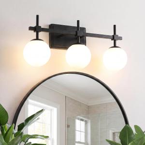 URSOLA 3 Lights 22" Bathroom Vanity Light Fixtures, Matte Black Mid Century Modern Vanity Light with Opal Globe Glass Shades, G9 Socket, Bathroom Light Fixtures Over Mirror for Bathroom