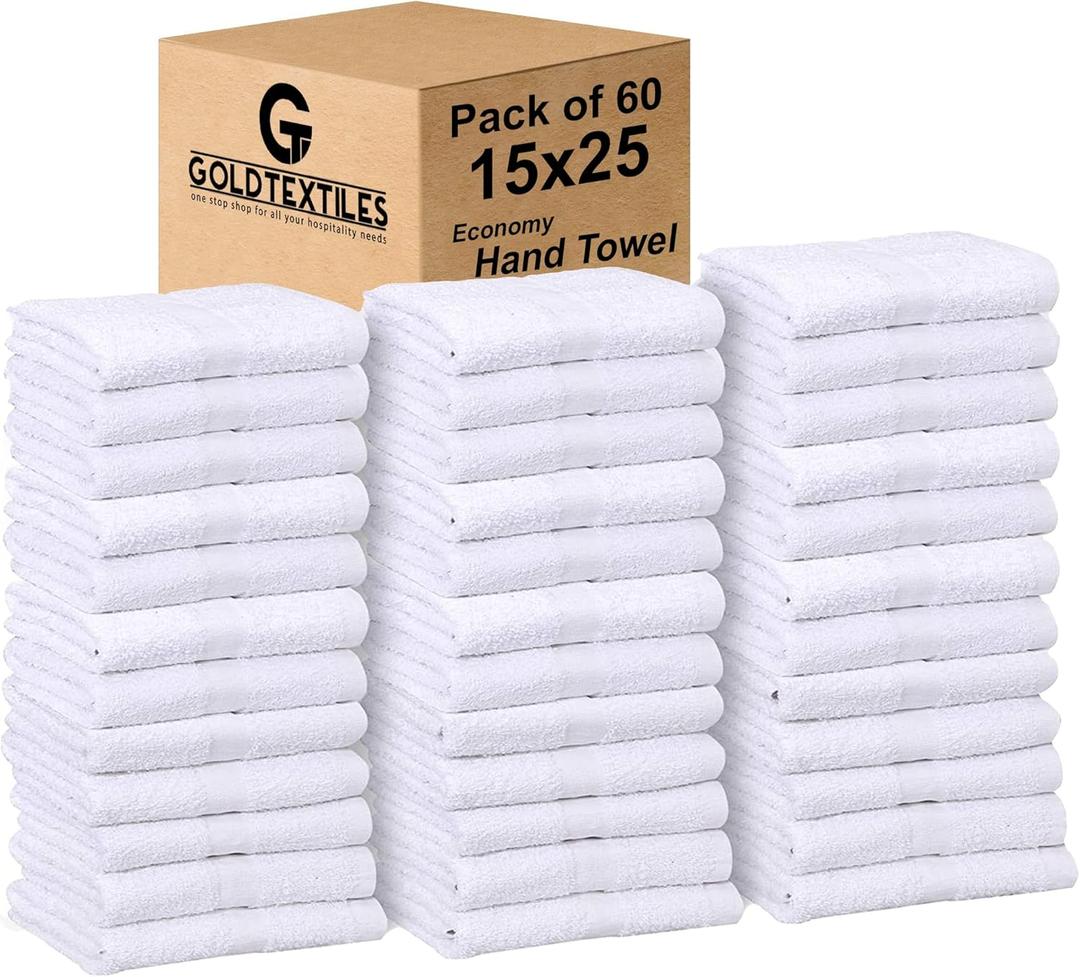 GOLD TEXTILES Bulk Pack 60 Pcs (5 Dozen) White Economy 15x25 Inches Basic Hand Towel - 2.25 lb/dz