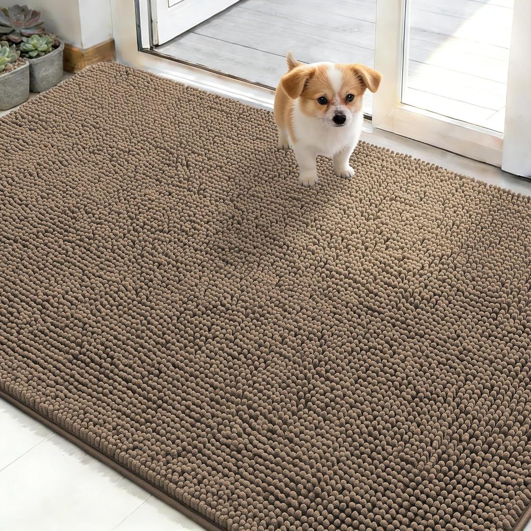 OLANLY Dog Door Mat for Muddy Paws 48x30, Absorbs Moisture and Dirt, Absorbent Non-Slip Washable Doormat, Quick Dry Chenille Mud Mat for Dogs, Entry Indoor Entryway Carpet for Inside Floor, Tan