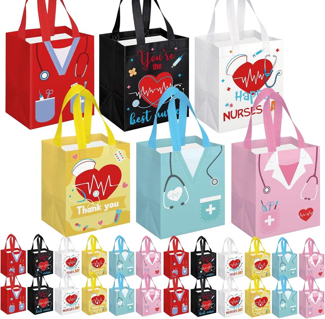 KOPOOEOE 24 Pcs Nurse Week Gifts Bags Bulk Nurse Appreciation Gift Bag with Handles Reusable Thank You Treat Bag for Rn Cna Crna Non Woven Treat Tote Bags for Medical Assistant Party Favor