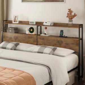 Headboard Adjustable Queen Size with Outlets, USB Ports, LED Lights Type-C, and Storage, Rustic Brown, Sturdy Bed Frame Headboard for Enhanced Comfort and Functionality, King Size