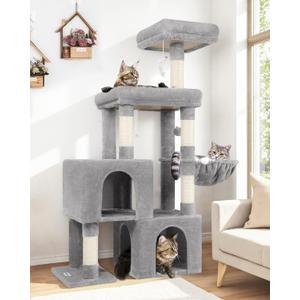 Globlazer Cat Tree Tower with 2 Cat Condos for Multiple Indoor Cats, 52in Multi-Level Plush Cat Condo Tower with 5 Sisal Scratching Posts, 2 Padded Perches, Big Basket, Widened Base, S52, Light Grey