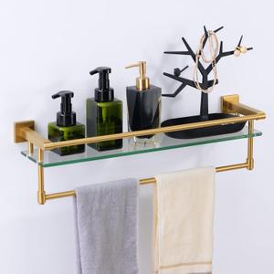 Bathroom Glass Shelf with Towel Bar/Rack 24 inches Wall-Mounted Shelves Tempered Glass Sink Toilet Organizer Shower Towel Decorative Storage (Polished Gold Finish), 24-inch with Railing