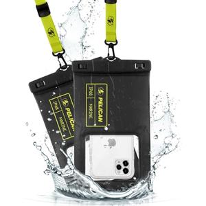 Pelican 2 Pack Marine - IP68 Waterproof Phone Pouch (XL Size) Floating Waterproof Phone Case - Beach Cruise Ship Travel Essentials - Works with All Phones - Detachable Lanyard - Black/Hi-Vis Yellow