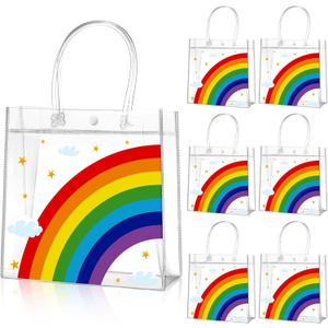 Aliceset 20 Pcs Clear Plastic Goodie Bags Party Treat Bags with Handles Rainbow Themed Favor Wrapping for Birthday Snack Candy Holiday Decoration Baby Shower Supplies, 8 x 8 x 3.15 Inch