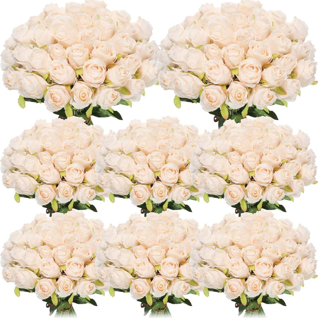 Hotop 80 Pcs Rose Artificial Flowers Bulk with Long Stem, Silk Roses Realistic Fake Flowers Bouquet for Wedding Table Centerpieces Bridal Shower Party Home Decorations(Beige)