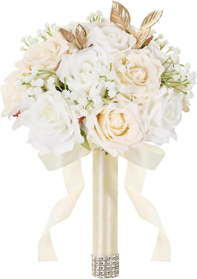 Wedding Bouquets for Bride & Bridesmaid, 9 Inch Artificial Rose Bridal Bouquet, Ivory White & Champagne Silk Flowers for Wedding Ceremony, Church, Party Decoration (White Champagne)