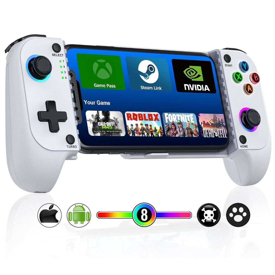 Mocagen MC1 Phone Controller for iPhone(All Model)/Android - Hall Effect Joystick, Enhanced Grip, Case-Friendly, Wireless Mobile Gaming Controller with 8 Lights Color, Travel Dust Bag, Turbo, Triggers (Pure White)