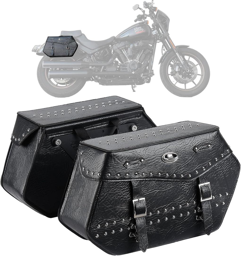 KEMIMOTO Motorcycle Saddlebags Rivet with Quick Release Brackets 26L Large Capacity PU Leather Motorcycle Luggage Saddle Bags Compatible with Softail Dyna Low Rider Model