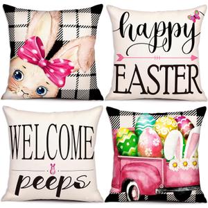Geefuun Easter Pillow Covers 18x18 Set of 4 - Easter Decorations Throw Couch Pillow Cases for Home Holiday Linen Zipper Pillowcase Party Decor