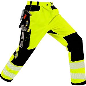 Men's High Visibility Work Pants Reflective Safety Pants Waterproof Stretchy Ripstop Cargo Pants Outdoor, XL, Yellow