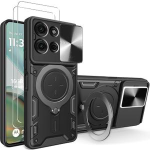 Phone Case for Motorola Moto G75 5G Case with Glass Screen Protector, [2 Pack] Built Slide Camera Protection Cover,Military Heavy Duty Full Body Protective Phone Case - Black