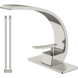 Bathroom Sink Faucet Modern Single Hole 1-Handle Faucet, Brushed Nickel Solid Brass Faucets, Mount Curved Lavatory Faucets Mixer Tap