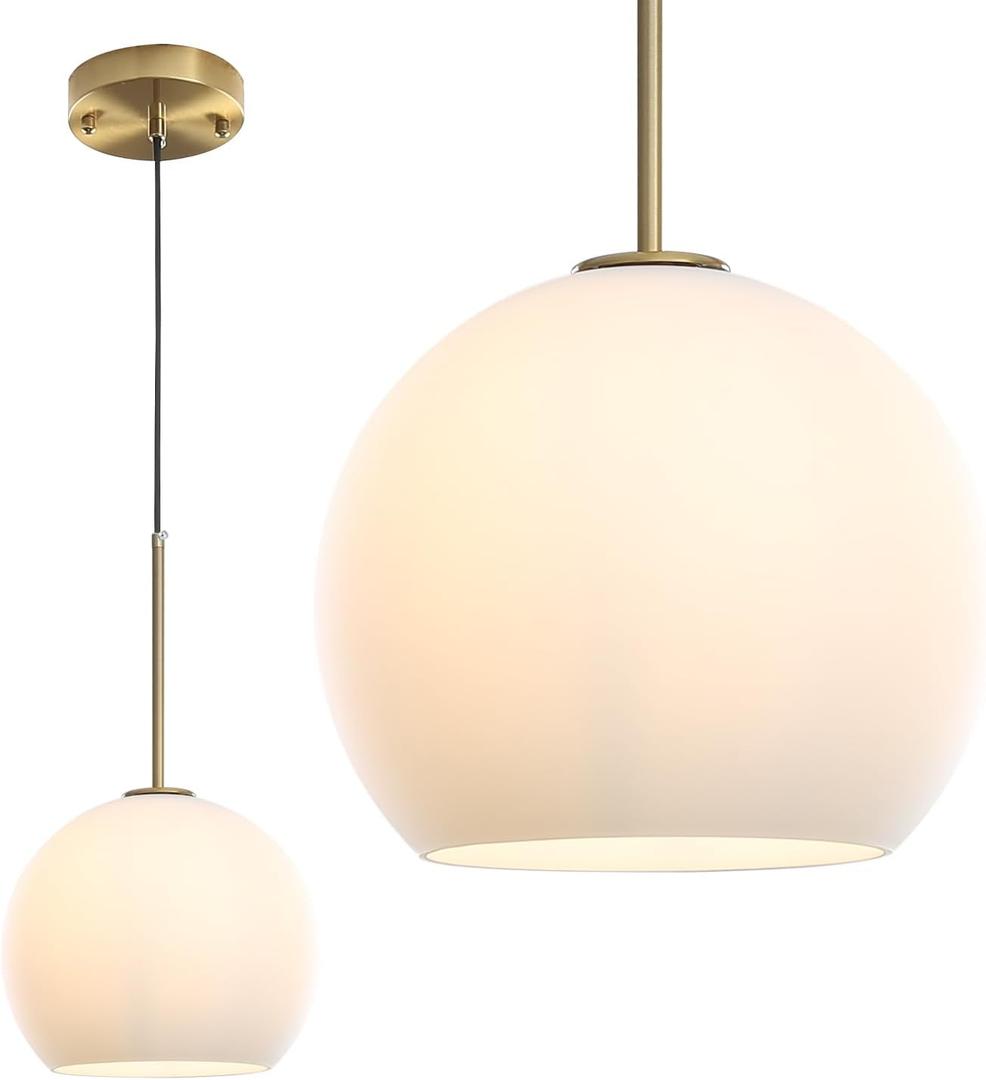 Modern Globe Pendant Light Fixtures, Mid-Century Glass Globe Flush Mount Ceiling Light, Rustic Light Pendant Lights Kitchen Island Dinning Hanging Pendant Light (Gold-Frosted White, 25cm/10)