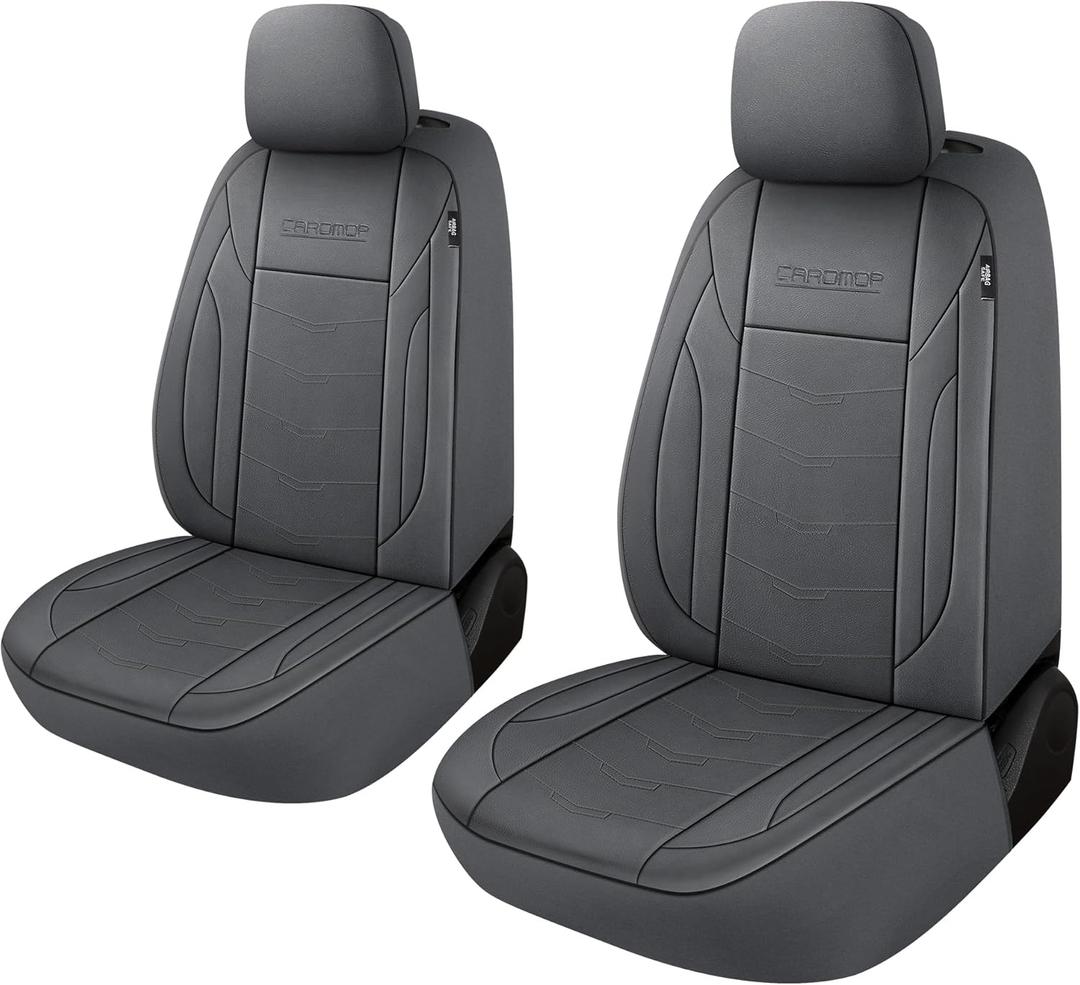 CAROMOP Premium PU Leather Car Seat Covers 2 Front Set,Waterproof Stain-Resistant Seat Covers for Cars, Universal Car Interior Covers Seat Protectors for Sedans SUVs Pick-up Trucks(Gray)