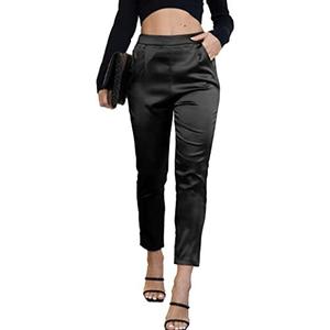 heipeiwa Women's Satin Pants Dress Casual Pleated Pull on High Waist Pants Baggy Front Tapered Trouser L