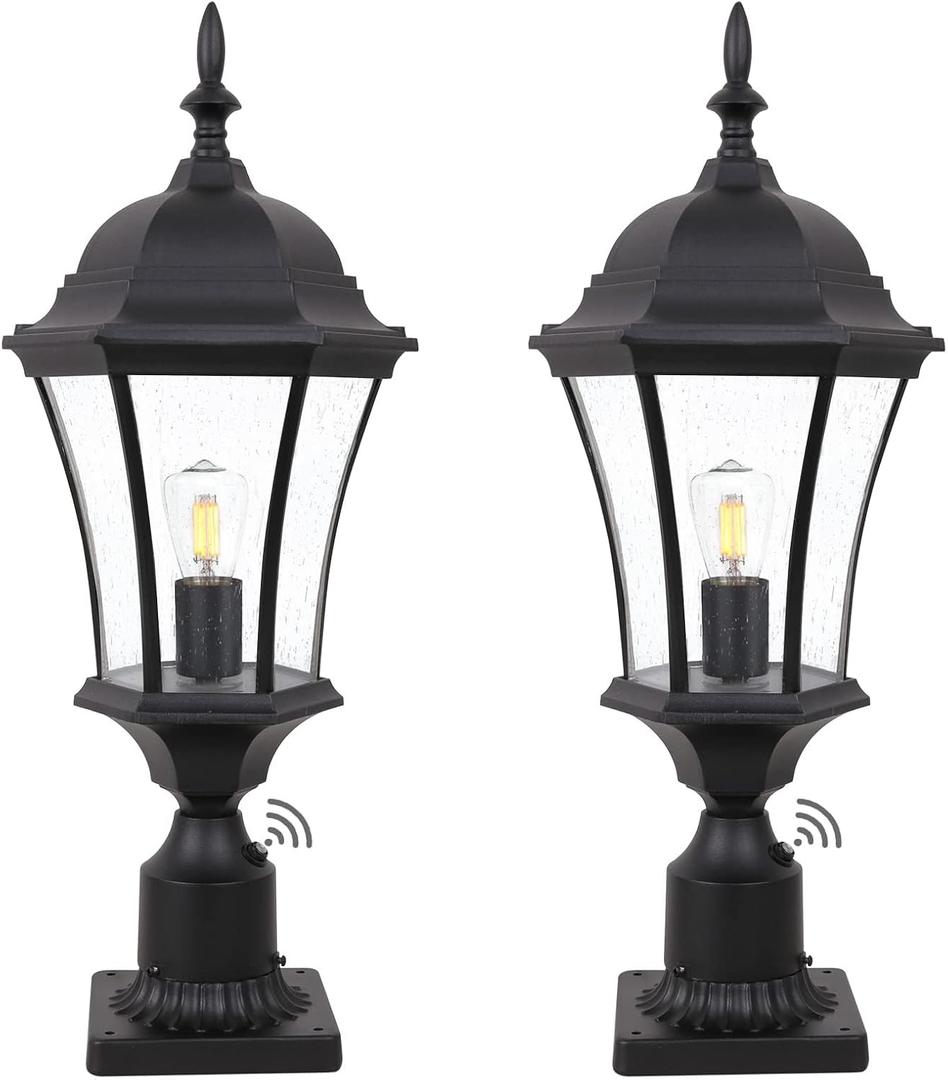 24in Dusk to Dawn Aluminum Post Light Outdoor Black Exterior Post Lamp Fixture for House 2 Pack Outdoor Pier Mount Lantern with Seeded Glass, Outside Pathway Column Lights, LMMS4610-MBK-2P, Large