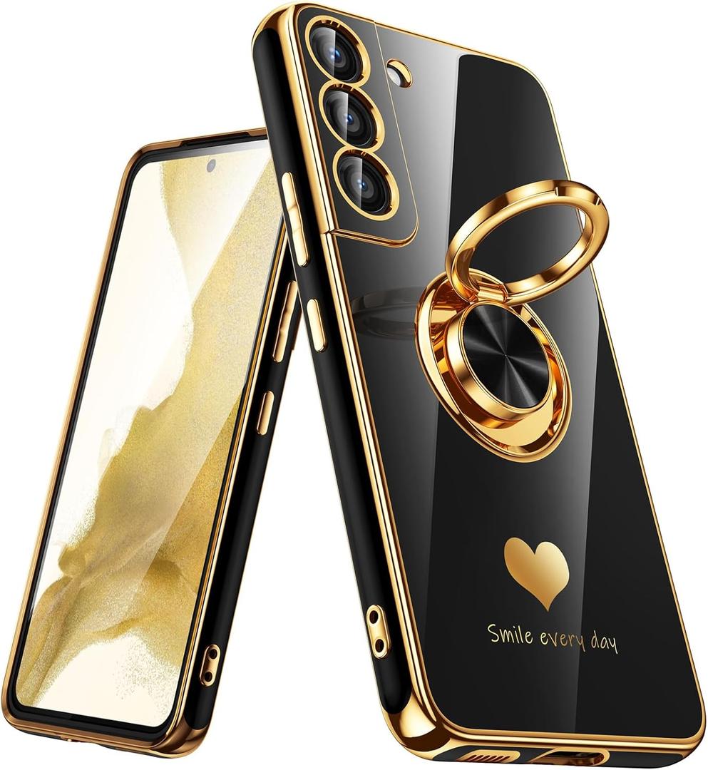 for Samsung Galaxy S22 5G Case, 360 Rotatable Ring Holder [Luxury Hearts Pattern] Plating Gold Edge Slim Soft Phone Cover Case for Galaxy S22 - Black