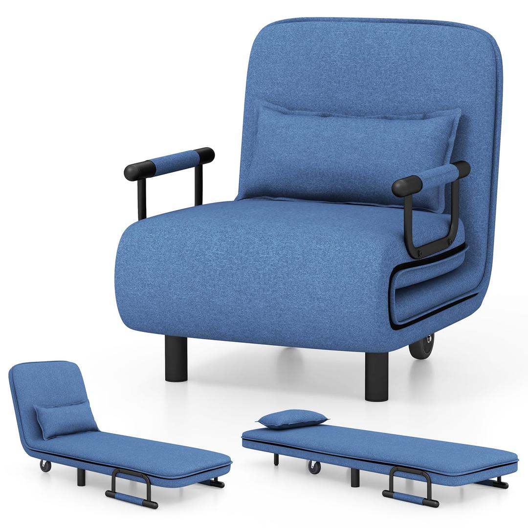 Giantex Convertible Sofa Bed, 3-in-1 Folding Sleeper Chair with 5-Position Adjustable Backrest, Wheels, 2 Legs, Blue