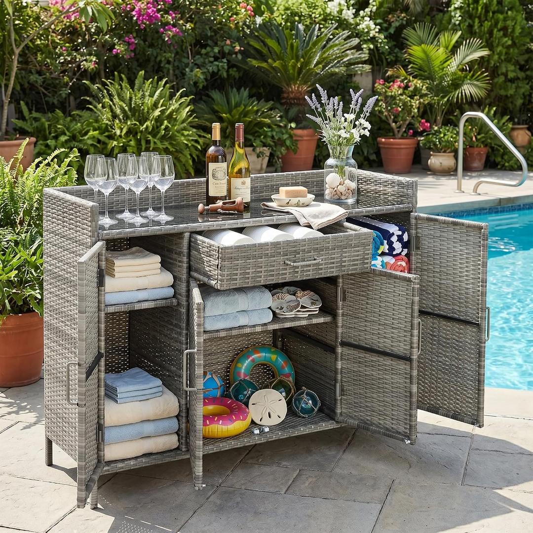 Merax 53.2" Patio Wicker Storage Cabinet, Outdoor Waterproof Patio Bar Table with Drawer and Shelves, Wicker Buffet Cabinet Sideboard for Poolside and Backyard, Gray