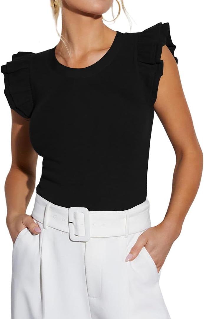 Women's Summer Crop Tank Tops Ruffle Shirts Knit Sleeveless Blouse Trendy Outfits Work Tshirt Sexy Clothes Ladies Top 2025 Black S