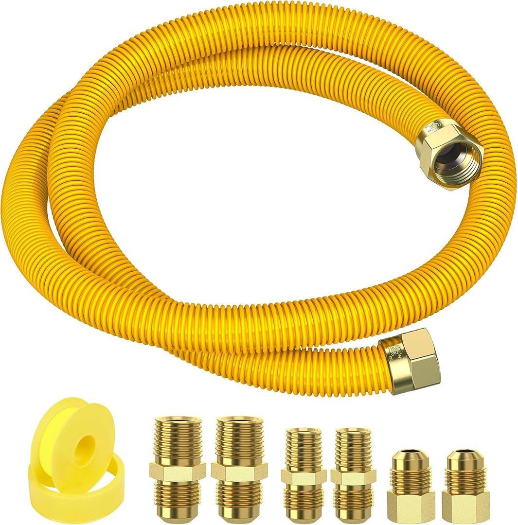 60" Flex Gas Line, Gas Dryer Connector Kit, Stove/Water Heater/Dryer Gas Line with Connectors 1/2" MIP 1/2"FIP 3/4"MIP, 5/8 in.OD(1/2 in. IDCoated Corrugated Stainless Steel Tubing 15/16-16"UN Nut
