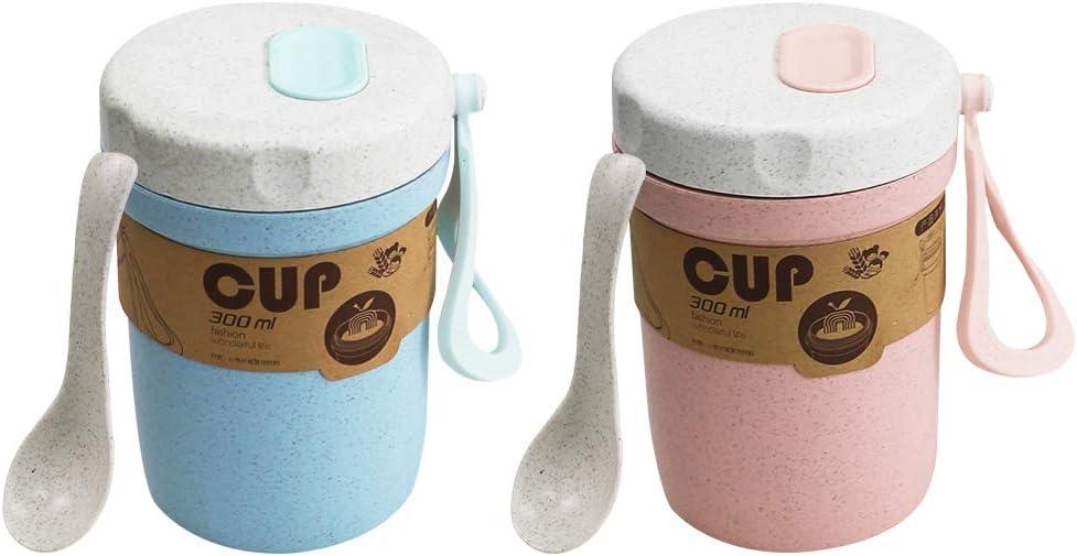 LZYMSZ 2PCS Wheat Straw Soup Cup, 300ml Portable Microwaveable Breakfast Cup, 2 Colors Porridge Lunch Box with Spoon for Office Outdoor Travel (Blue and Pink)