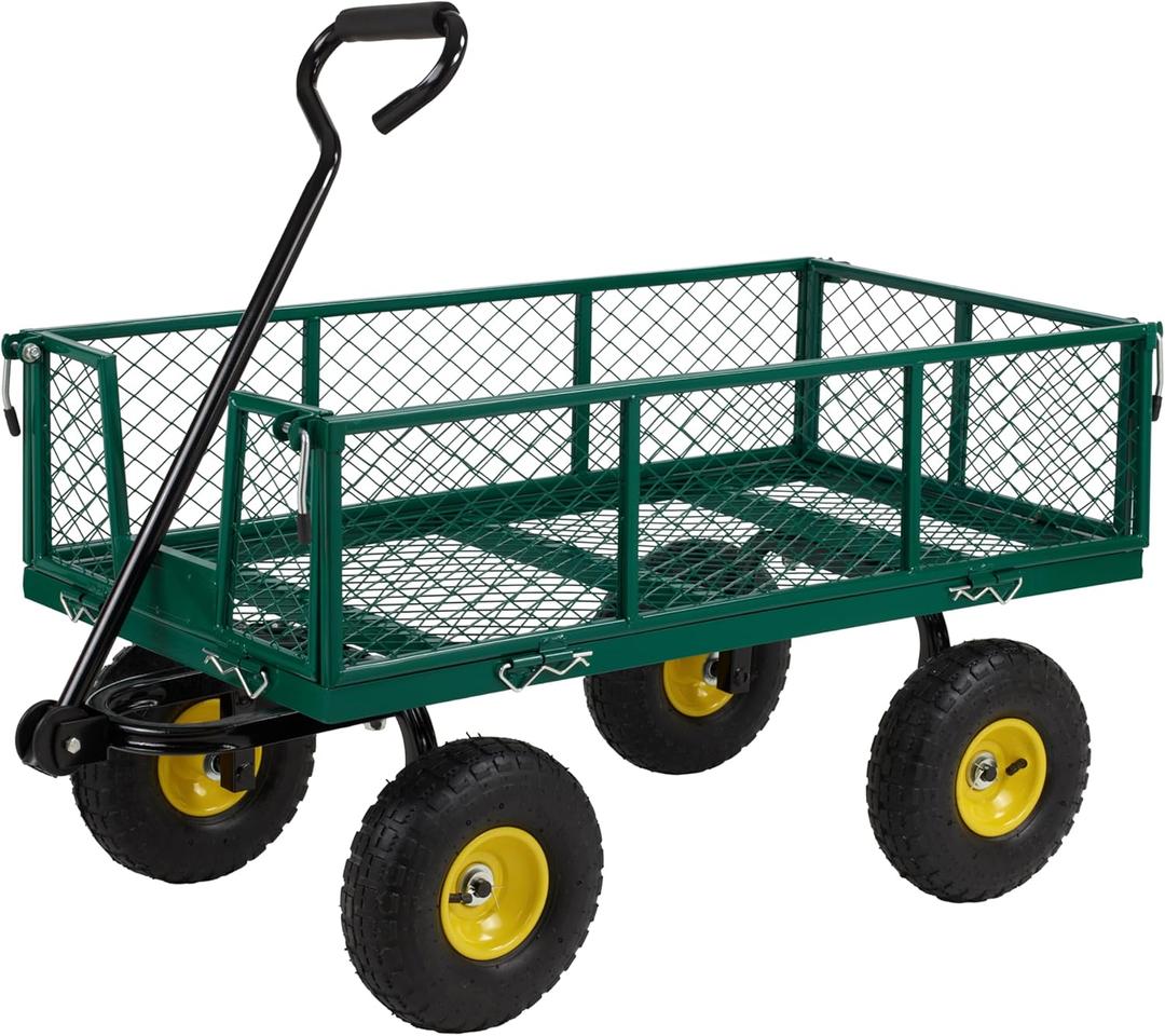Finnhomy Heavy Duty 1000 Lbs Capacity Mesh Steel Garden Cart, Pullable Garden Wagons Carts on Wheels, Folding Utility Wagon with Removable Sides for Outdoor, Yard, Lawn, Green