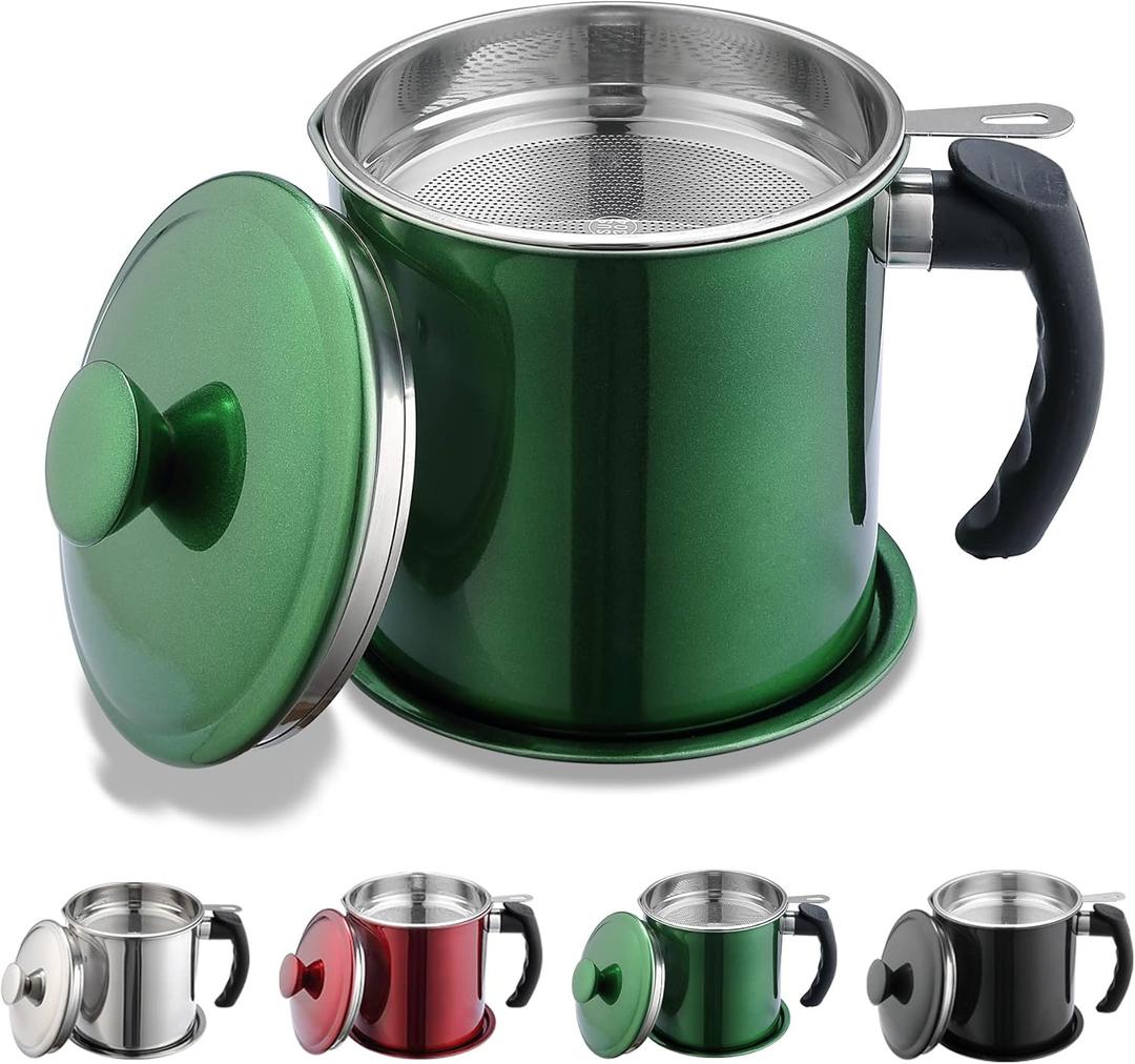 Kyraton Bacon Grease Container With Strainer, 48 oz Metal Shining Green Coating Oil Container, Pot Fat Storage With Lid, Easy Grip Handle Suitable For Storing Frying Oil And Cooking Grease