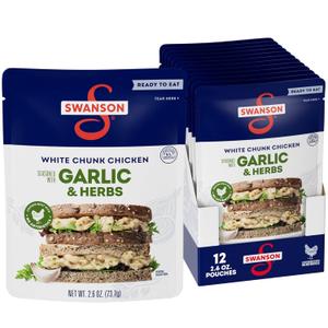 SWANSON S Garlic and Herbs White Chunk Fully Cooked Chicken, Ready to Eat, Simple On-the-Go Meals, 2.6 OZ Pouch (Case of 12) Best By: 24 MAR 26