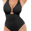 SHAPELLX Tummy Control Swimsuits One Piece V Neck Slimming Bathing Suit for Women Cutout Ruched Shapewear Swimwear (Medium, Black)