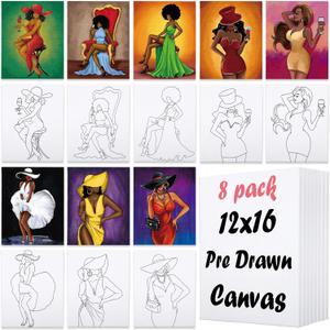 Nuberlic 8 Pack 12x16 Pre Drawn Canvas for Painting Sip and Paint Kit for Adults Pre-Stretched Canvas Outline for Paint and Sip Kit Party Set Mother's Thanksgiving's Day Gift