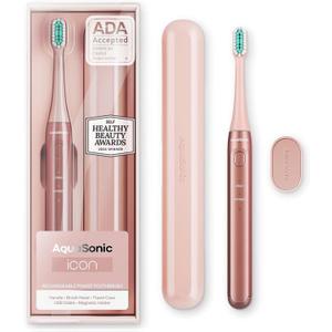 Aquasonic Icon ADAAccepted Rechargeable Toothbrush | Magnetic Holder & Slim Travel Case | 2 Brushing Modes & Smart Timers | Gentle MicroVibrations (Blush)