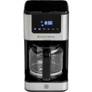 West Bend Drip Coffee Maker Brews Hot or Iced, Programmable with Brew Strength Selector Auto Shut-Off and 6 Functions Permanent Mesh Filter and Glass Carafe, 12-Cup, Metallic