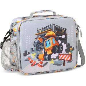 rockpapa Kids Lunch Bag for Kids with Strap, Waterproof, Stain & Oil-Resistant, Insulated LunchBag, Reusable Lunch Tote Bag Holds Lunch Box, Water Bottle & Snacks for School (Grey Constr Trucks)