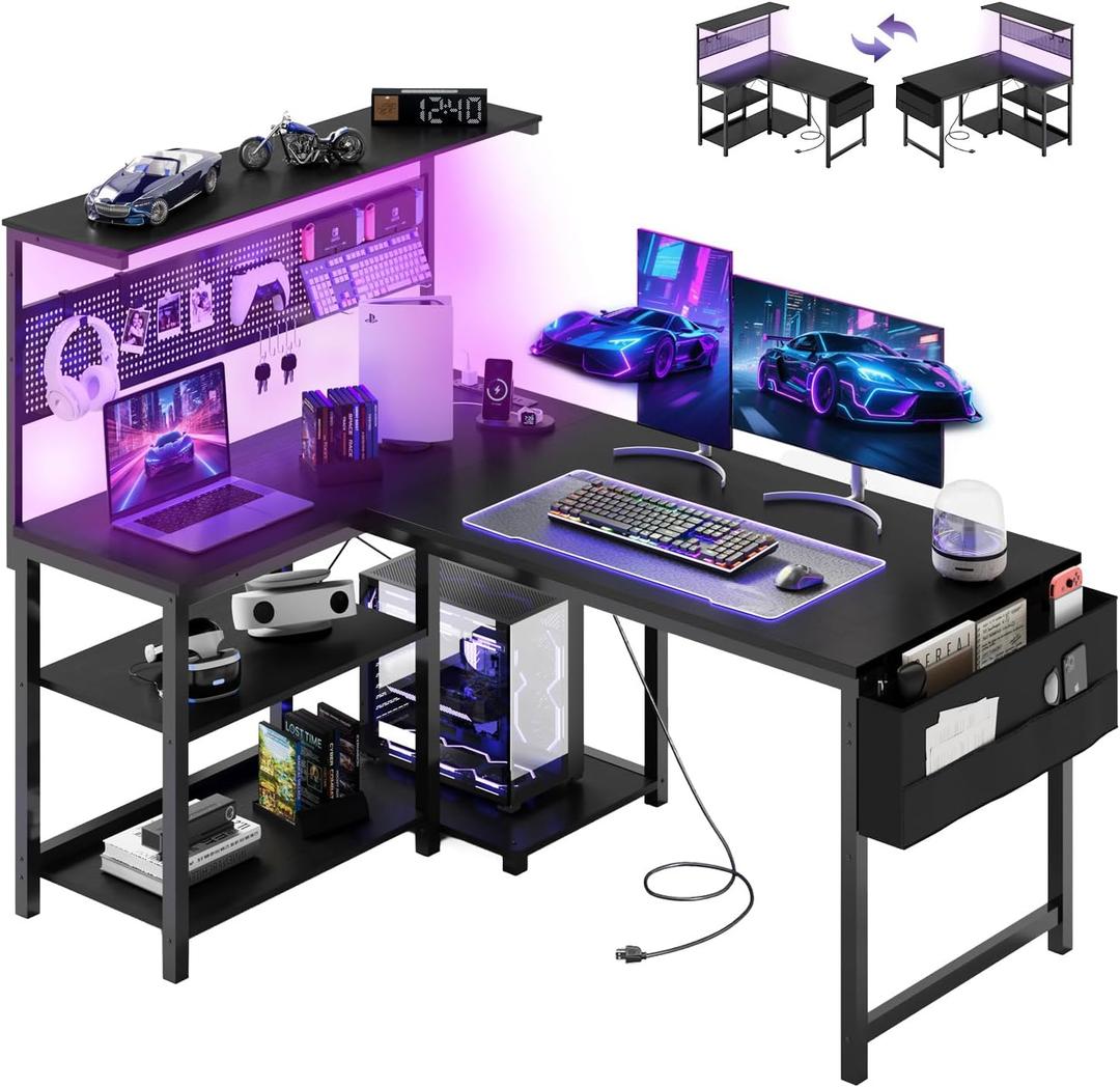 Apicizon L Shaped Desk Gaming Desk with LED Light & Power Outlet, 47 Inch Reversible Computer Desk with Pegboard & Shelf & Storage Bag for Home Office, Black, 48 in