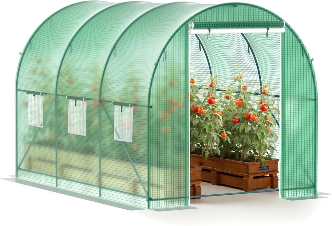 Greenhouse, 10x7x7 Walk-in Greenhouse Heavy Duty Tunnel Green House with 6 Ventilated Mesh Windows & Zippered Roll-up Door, Large Plant Garden Hot House Outdoor with Reinforced Frame
