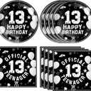 13th Birthday Party Supplies Black Themed 13th Disposable Tableware Decorations Plates Napkins Set for Kids Boys Teenager Favors