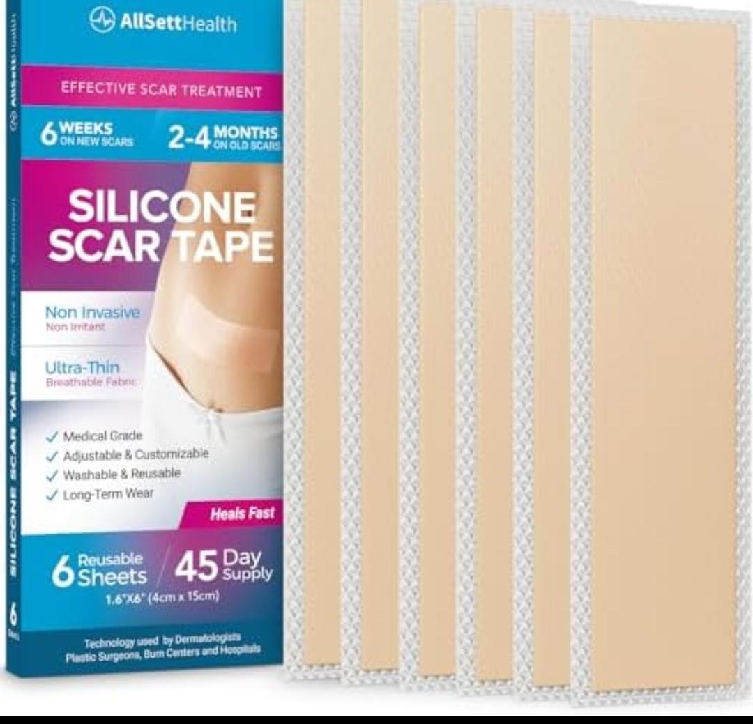 AllSett Health Silicone Sheets for Scars, Post Surgery, Tummy Tuck, CSection Recovery, Keloid Bump Removal, Stretch Marks Removal, Face Acne (6 Inch x 1.6 Inch)  Pack of 4
